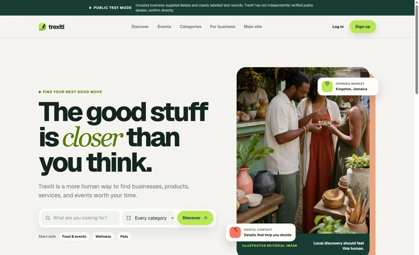 Trexiti Discover homepage with business search and discovery categories