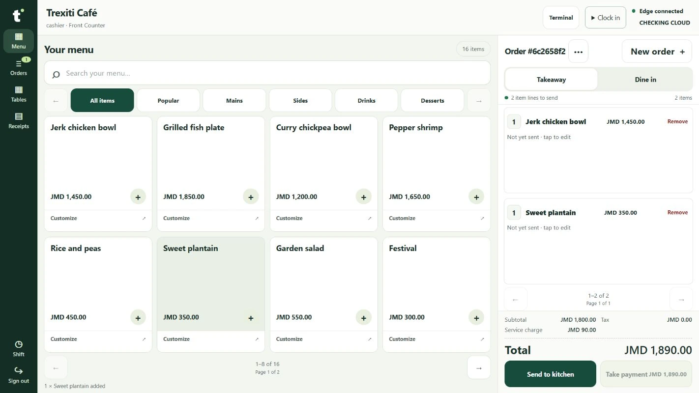 Trexiti POS cashier workspace showing the menu and current order using practice data